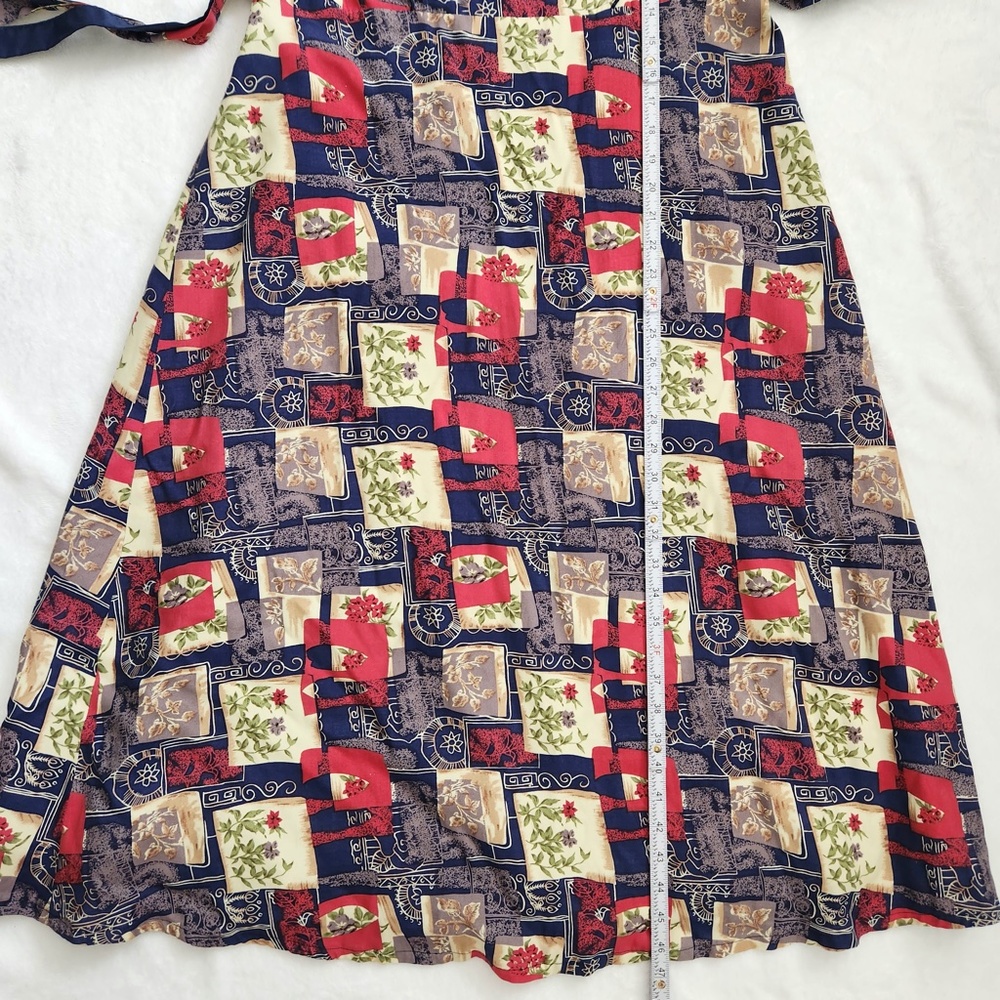 Vtg Patchwork Midi Dress Handmade Belted Blue Red Large 80s Does 50s Modest - Picture 15 of 16